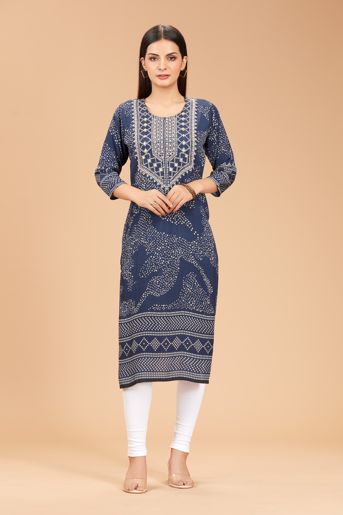 Navy Blue Printed Straight Kurti